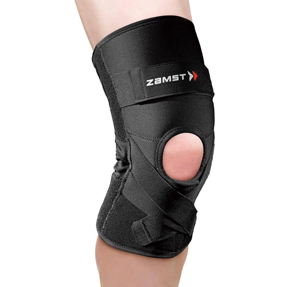 Sort ZAMST ZK Protect knæstøtte med X-strap-system og indsyede skinner