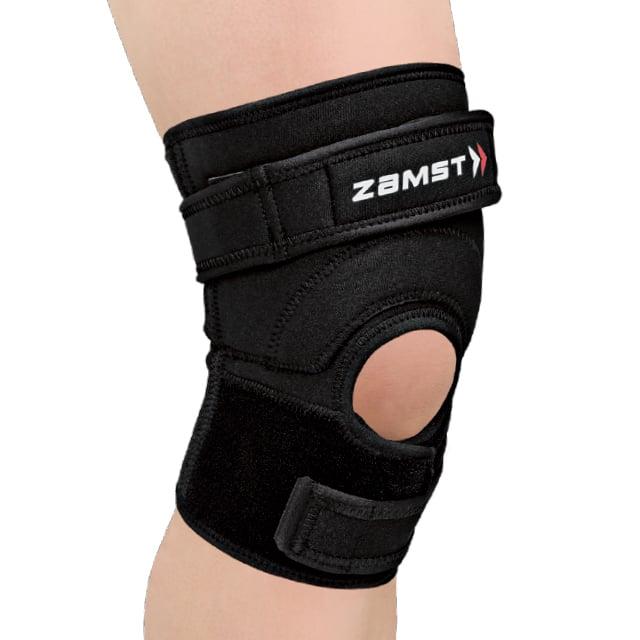 Sort ZAMST JK-2 knæstøtte med halvcirkelformet pude og dobbelt velcro