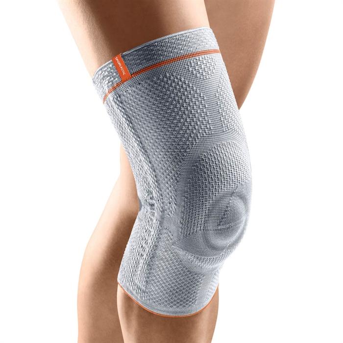 Platinfarvet GENU-HiT strikket knæbandage med ringformet patellapolstring